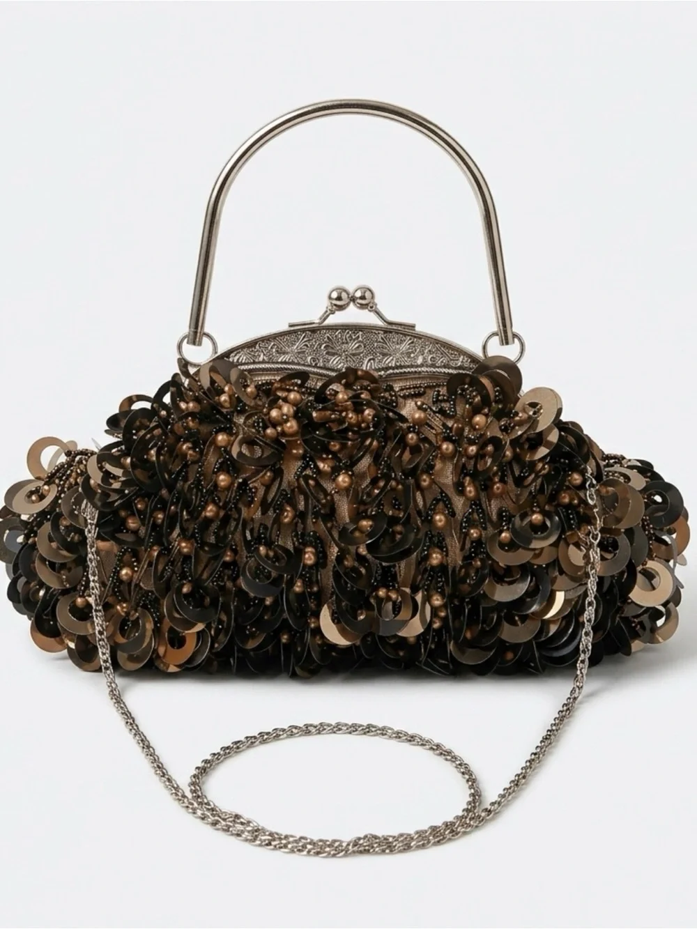 Sequined Evening Top-Handle Clutch in Gold